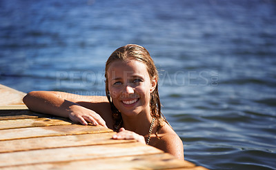 Buy stock photo Lake, portrait or happy woman in swimming with freedom, wellness or adventure in summer. Smile, paradise or female person in river water or dam for a fun holiday travel, peace or outdoor vacation
