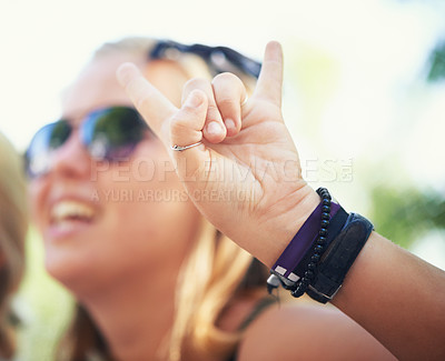 Buy stock photo Rock, hands or happy people in music festival on holiday vacation to relax with smile or fans in park. Dance, crowd or  person with freedom or youth culture for social or fun party celebration event