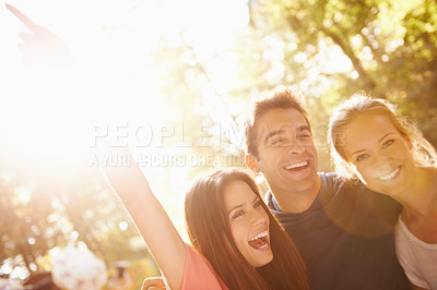 Buy stock photo Friends, party and nature at music festival for celebration event, outdoor concert or sunshine. Man, woman and group in woods for summer entertainment in forest for holiday happy, social or vacation