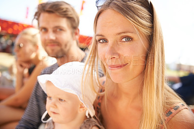 Buy stock photo Man, woman and baby or outdoor happy for nature event or childhood development, connection for bond. Mother, father and portrait with kid as family at festival outing for holiday, vacation or weekend