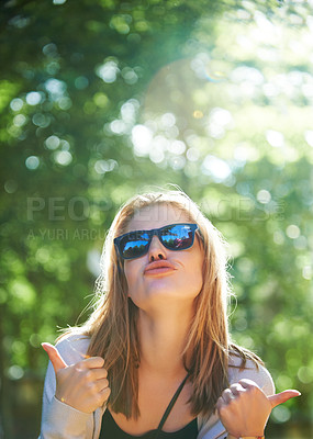 Buy stock photo Woman, thumbs up and sunglasses for outdoor adventure  or summer festival fun in nature, social gathering or explore holiday. Female person, hands and face eyewear for happy camping, travel or sunny