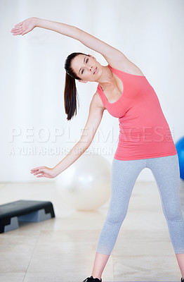 Buy stock photo Stretching arms, portrait or woman in gym with fitness for body flexibility, health or wellness. Relax, athlete or sports person ready for workout, training or exercise warm up for mobility in USA