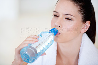 Buy stock photo Tired, thinking or woman drinking water on break after exercise, workout or fitness training in gym. Fatigue, healthy or thirsty sports athlete with liquid bottle for wellness, rest or hydration 