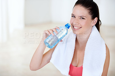 Buy stock photo Exercise, portrait or happy woman drinking water on break after workout or fitness training in gym. Fatigue, healthy lady or thirsty sports athlete with liquid bottle for wellness, rest or hydration