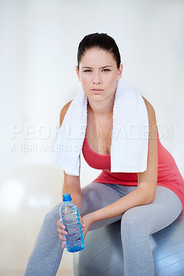 Buy stock photo Ball, portrait or woman drinking water to relax after exercise, workout or fitness training on gym break. Fatigue, tired or thirsty sports athlete with liquid bottle for wellness, rest or hydration 