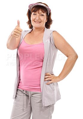 Buy stock photo Mature woman portrait, breast cancer ribbon and thumbs up for awareness, disease recovery fitness or support agreement. Emoji like icon, survivor feedback or model studio campaign on white background
