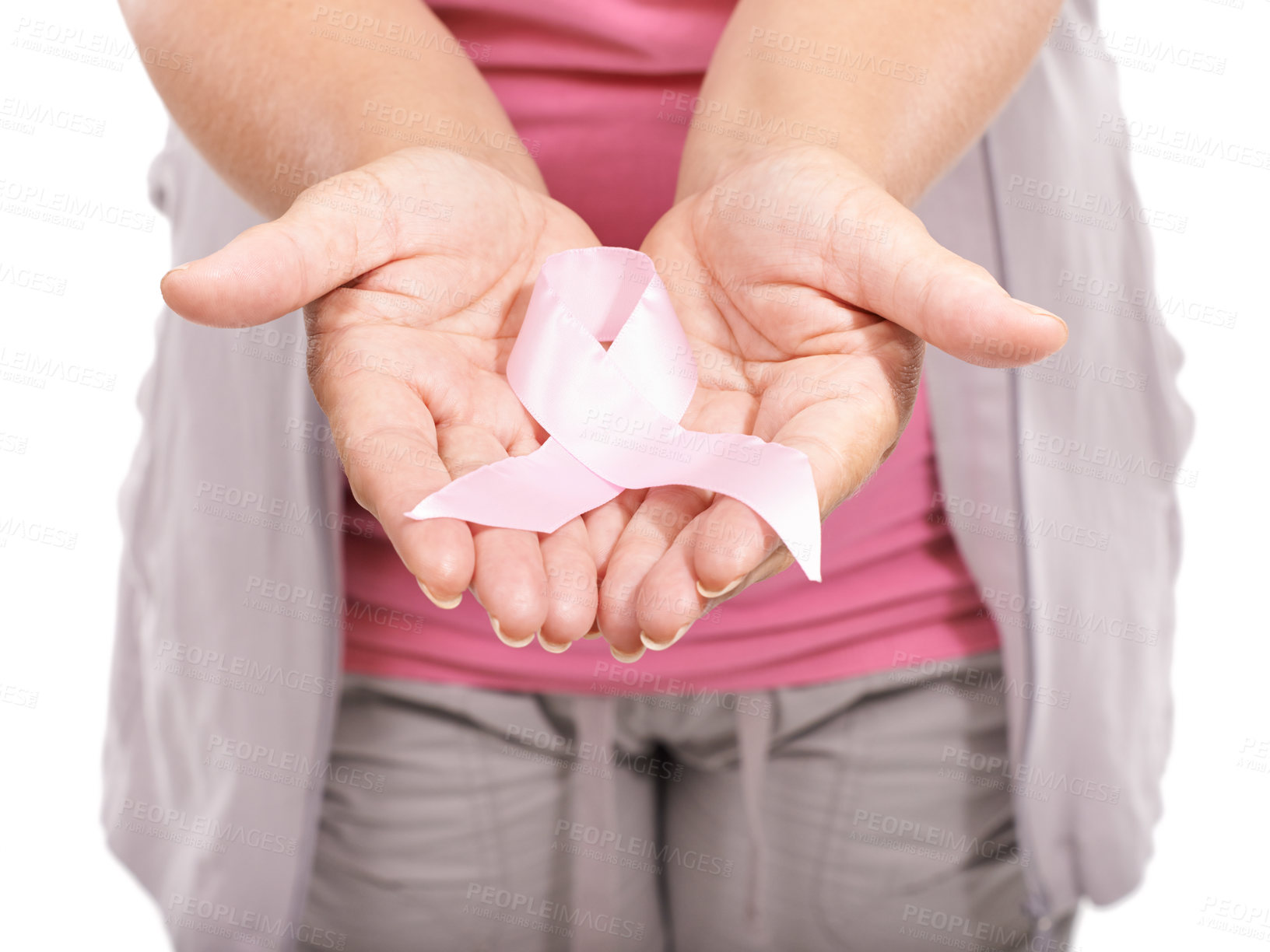 Buy stock photo Studio person, breast cancer ribbon and hands show bow awareness icon, kindness or activism support. Health wellness care, recognition campaign or closeup model giving compassion on white background