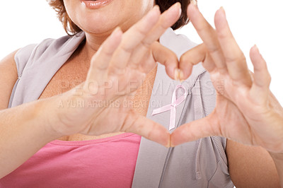 Buy stock photo Woman, ribbon and heart hands for breast cancer awareness, love or care against a white studio background. Closeup of female person with like emoji, symbol or gesture in support or community campaign