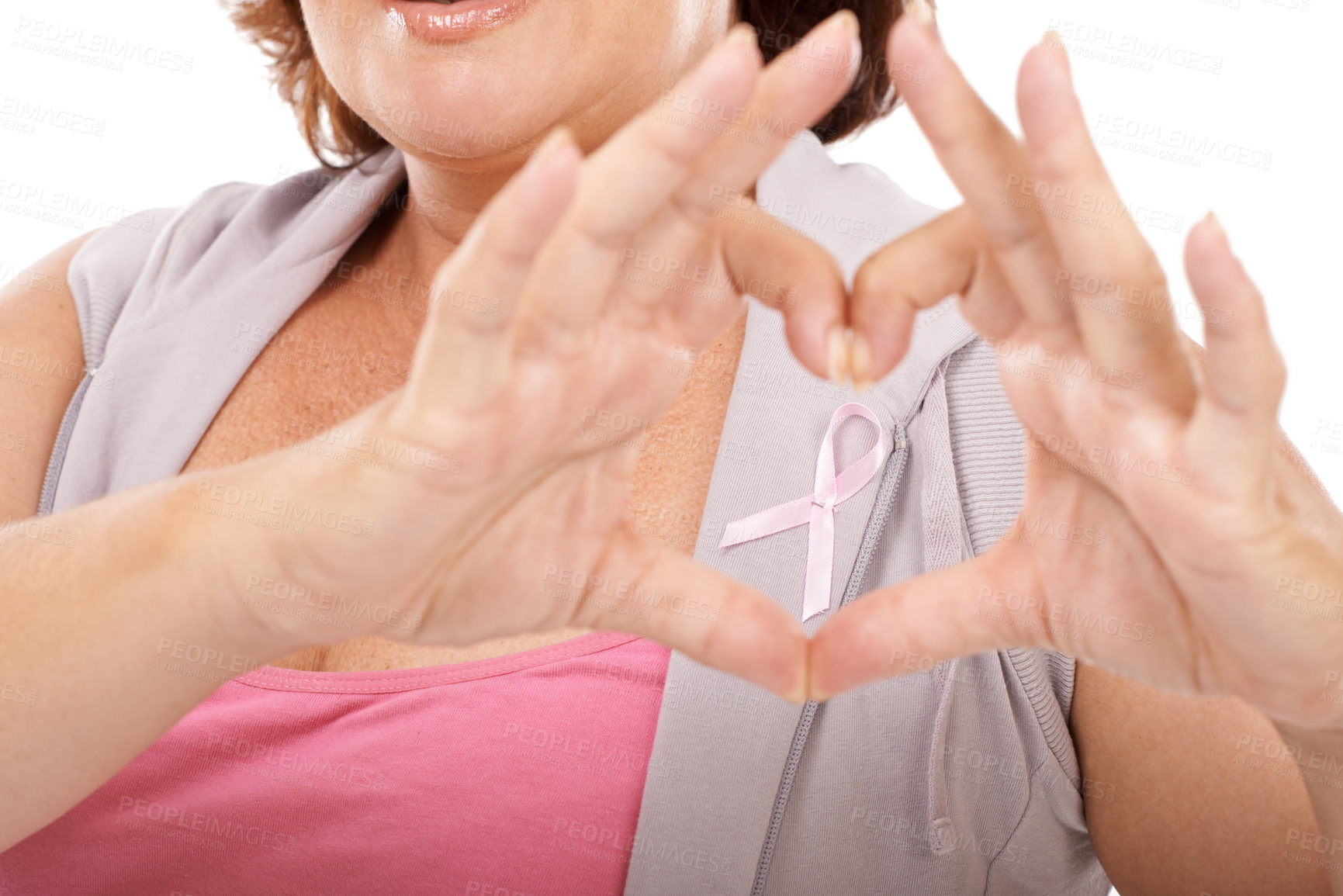 Buy stock photo Woman, ribbon and heart hands for breast cancer awareness, love or care against a white studio background. Closeup of female person with like emoji, symbol or gesture in support or community campaign