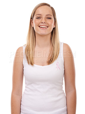Buy stock photo Studio portrait, breast cancer ribbon and happy woman with survivor wellness, awareness campaign or support. Happiness, health sign and girl smile for disease recognition movement on white background