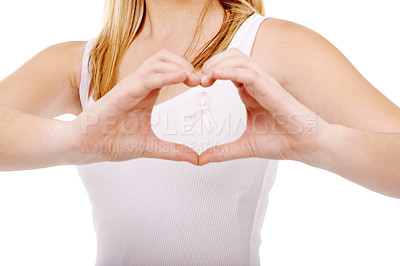 Buy stock photo Studio, breast cancer ribbon or person heart hands, awareness campaign or survivor support. Emoji care icon, boobs health sign and closeup model love for chest disease recognition on white background