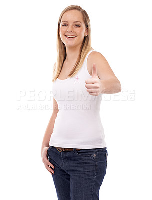 Buy stock photo Happy woman, portrait and thumbs up for breast cancer, support or awareness against a white studio background. Blonde female person smile with like emoji, yes sign or OK with pink ribbon for campaign