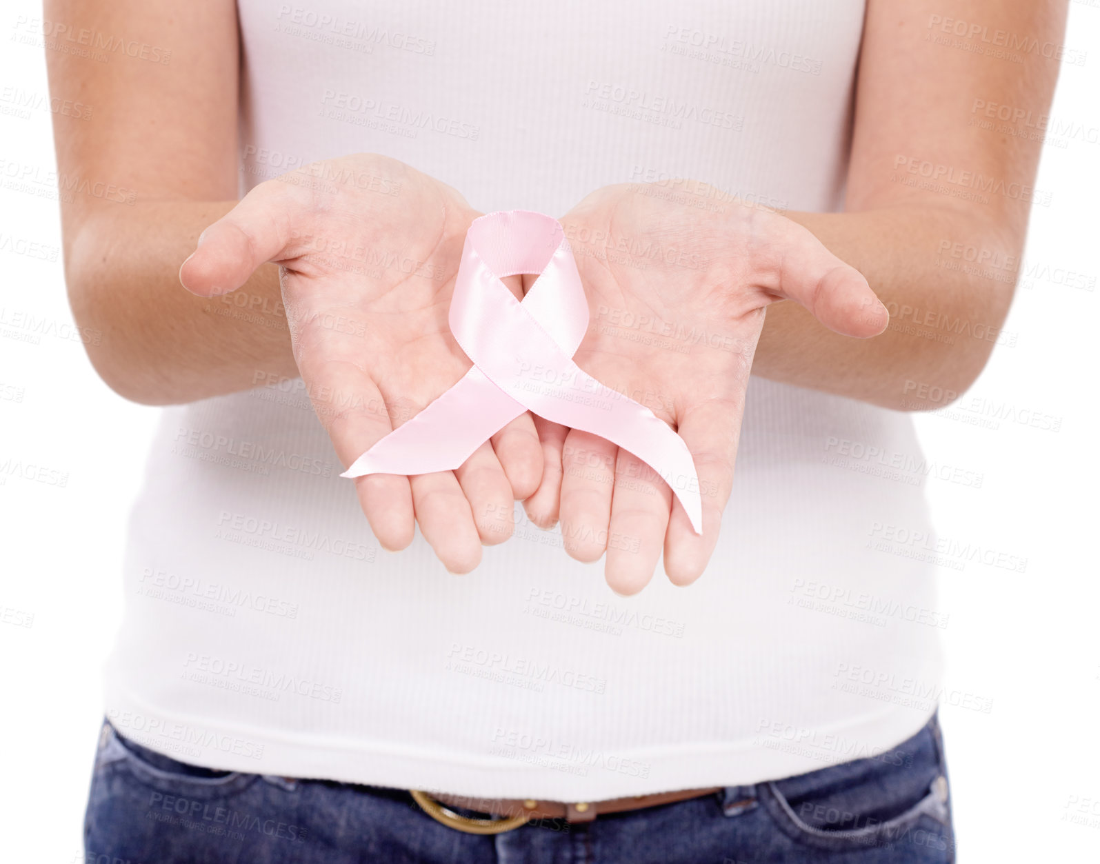 Buy stock photo A young woman with a breast cancer ribbon isolated on white