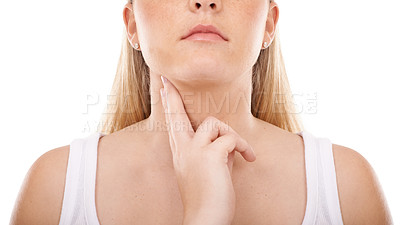 Buy stock photo Woman, neck and checking pulse rate, beat or health and wellness against a white studio background. Closeup of female person or model finger in cardiovascular, heart or blood pressure test on mockup