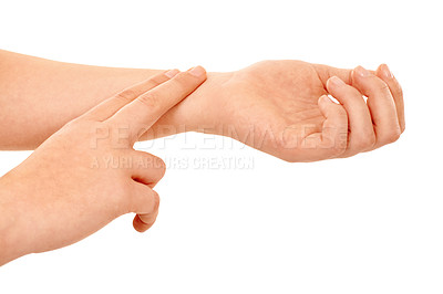 Buy stock photo Person, hands and checking pulse rate, beat or health and wellness against a white studio background. Closeup of model fingers in cardiovascular, heart or blood pressure test or exam on mockup space