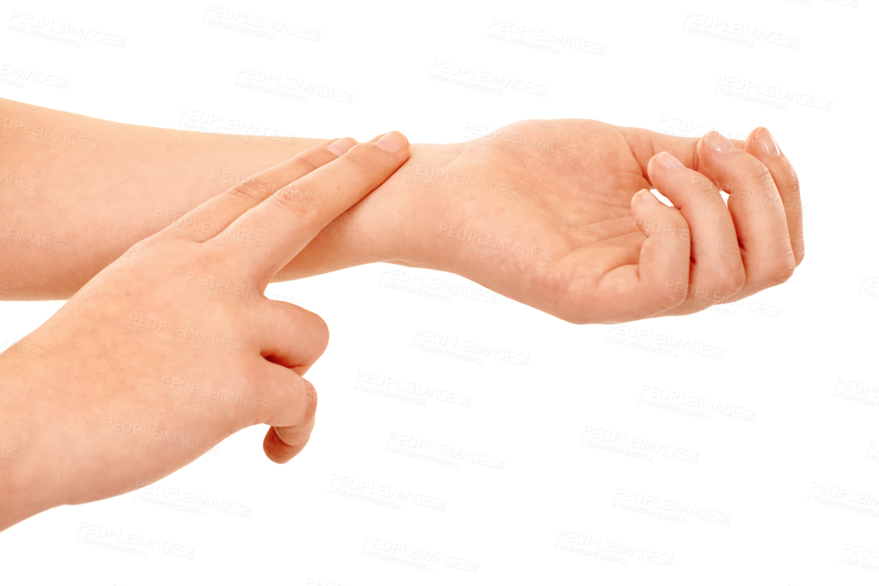 Buy stock photo Person, hands and checking pulse rate, beat or health and wellness against a white studio background. Closeup of model fingers in cardiovascular, heart or blood pressure test or exam on mockup space