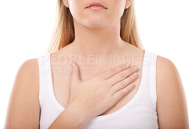 Buy stock photo Check, heart and woman with hand on chest with blood pressure, pulse or wellness in white background. Studio, closeup and person gesture to anxious heartbeat, health care and cardiology mockup space