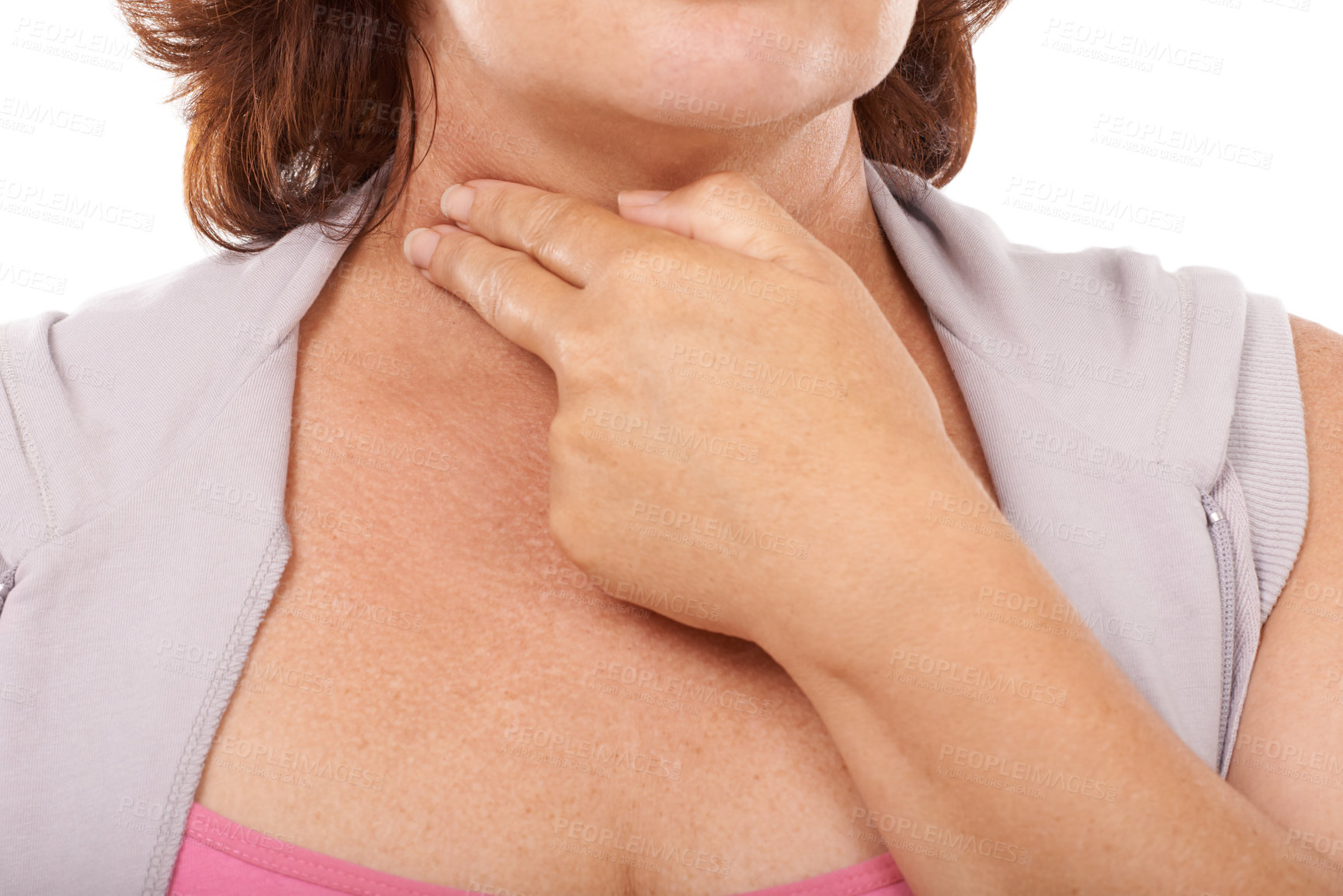 Buy stock photo Woman, pulse and checking with fingers on neck, white background and hand in closeup. Mature person, heart rate and measure cardiovascular wellness in studio, vitality and monitor heartbeat or health