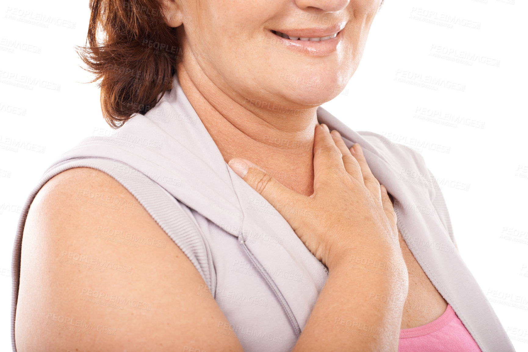 Buy stock photo Woman, care and hand on chest in support with empathy, kindness and cardiology wellness in white background. Studio, closeup or person gesture to heart, healthcare and check blood pressure or pulse