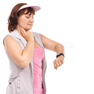 Buy stock photo Mature woman taking her pulse rate against a white background