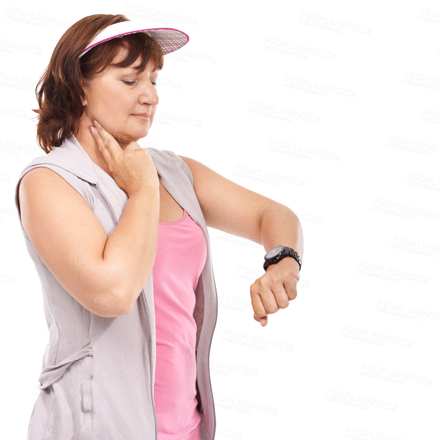 Buy stock photo Mature woman taking her pulse rate against a white background