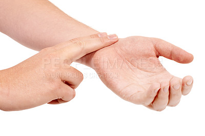 Buy stock photo Male hands taking a pulse rate against a white background