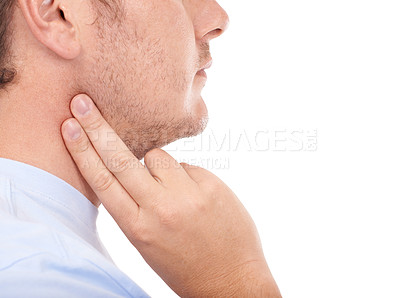 Buy stock photo Man, hand and checking pulse rate, beat or health and wellness against a white studio background. Closeup of male person finger touching neck in cardiovascular, heart or blood pressure test on mockup