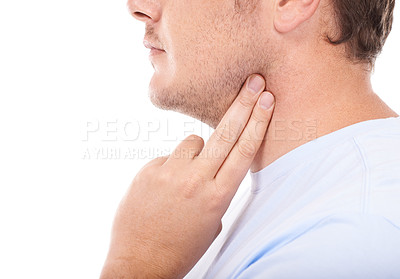 Buy stock photo Man, hand and checking pulse on neck for rate, beat or health and wellness against a white studio background. Closeup of male person finger touching for heart monitoring or blood pressure on mockup
