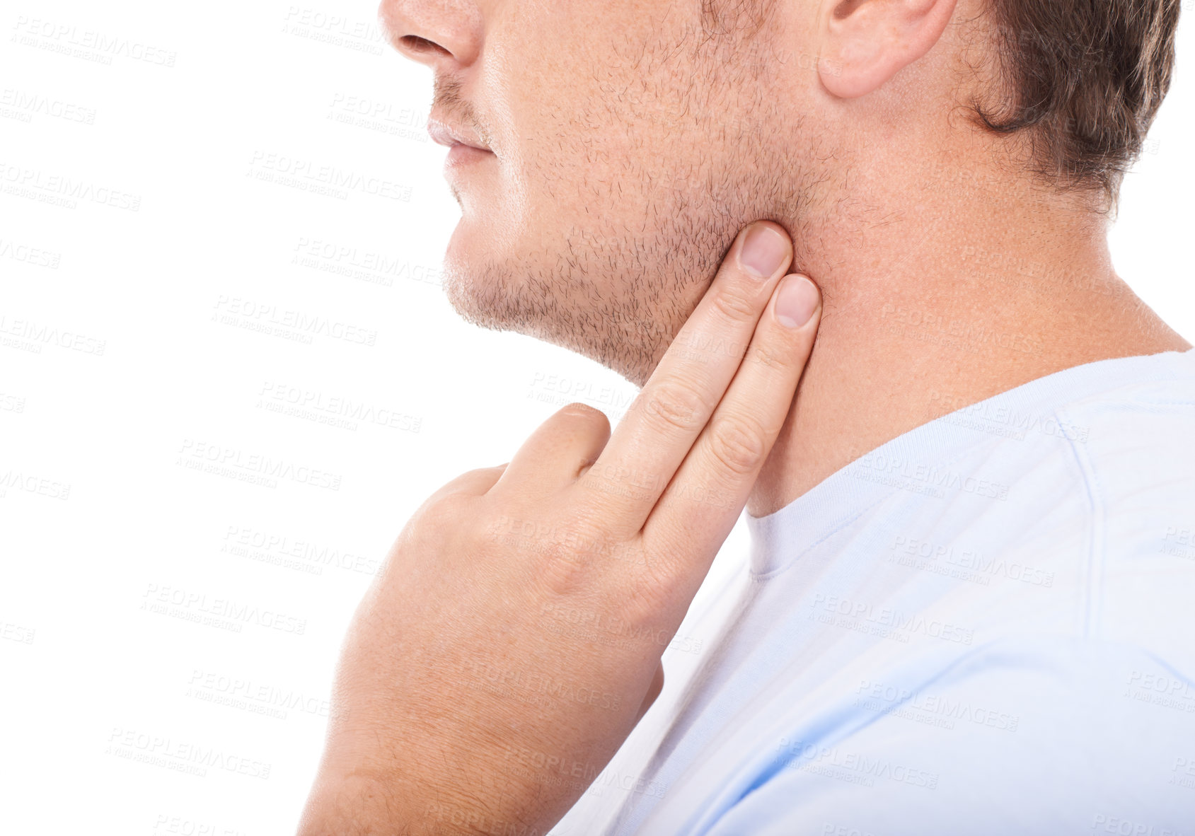 Buy stock photo Man, hand and checking pulse on neck for rate, beat or health and wellness against a white studio background. Closeup of male person finger touching for heart monitoring or blood pressure on mockup