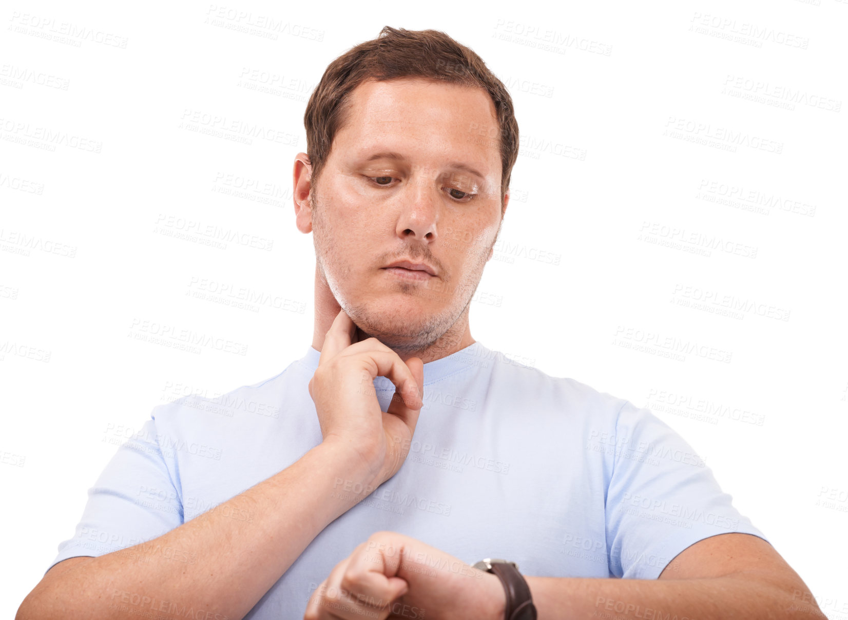 Buy stock photo Neck pulse, watch and man check heart rate for body wellness, physical assessment or health test. Studio smartwatch, wrist clock time and person monitor heartbeat isolated on white background