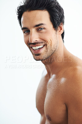 Buy stock photo Portrait, skincare and man with dermatology, smile and grooming routine against a white studio background. Face, male person or happy model with happiness, salon treatment and luxury with muscle