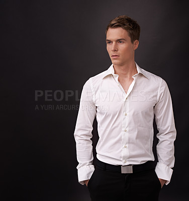 Buy stock photo Fashion, studio man and think of fancy clothes for semi formal outfit, attire or confident in classy, elegant or stylish apparel. Brainstorming idea, mockup space and model style on black background