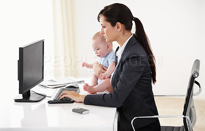 Buy stock photo Remote work, businesswoman with her baby and typing on keyboard with pc at her desk in a office. Technology, commitment and mother with her child writing an email with her computer at her home