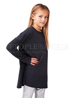 Buy stock photo Fashion, confident and portrait of child on a white background with style, trendy clothes and outfit. Childhood, youth and isolated young girl with confidence, pride and stylish clothing in studio