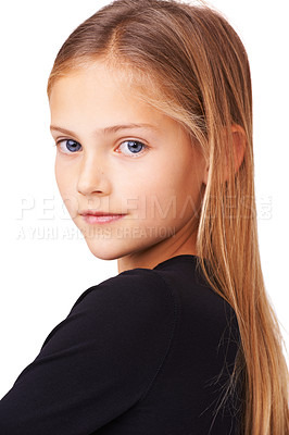 Buy stock photo Attitude, confident and portrait of child on a white background with pride, beauty and positive facial expression. Childhood, youth and closeup of face of isolated young girl with style in studio