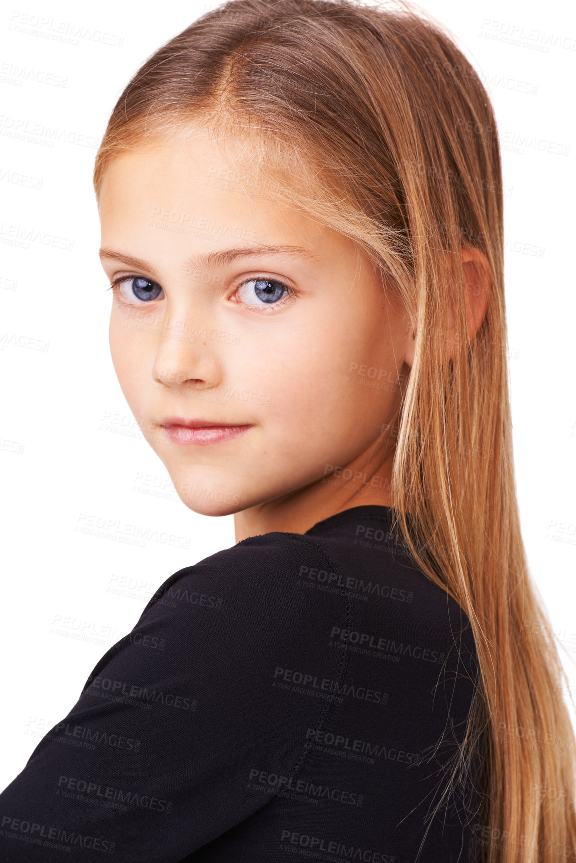 Buy stock photo Attitude, confident and portrait of child on a white background with pride, beauty and positive facial expression. Childhood, youth and closeup of face of isolated young girl with style in studio