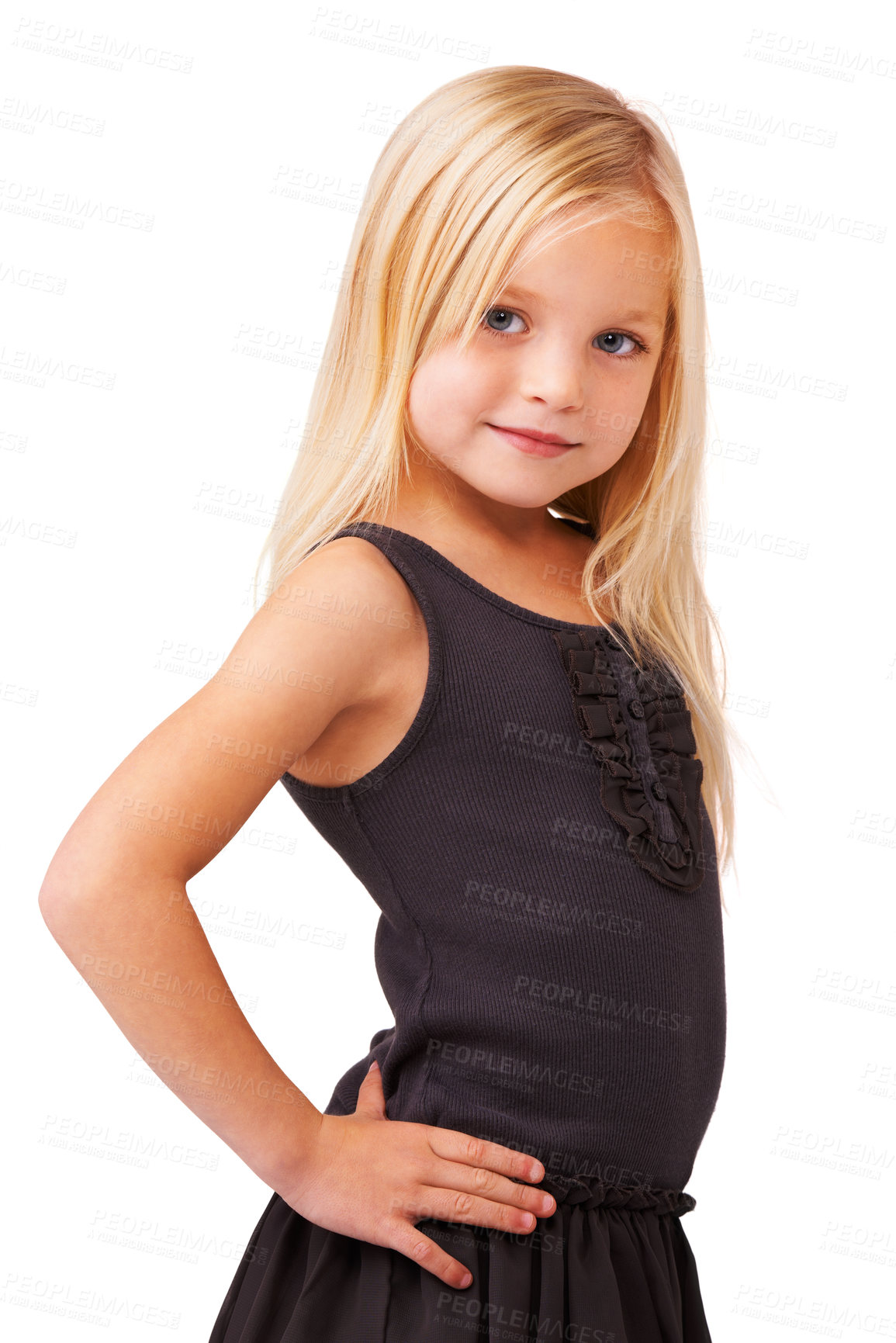 Buy stock photo Portrait of a cute little girl standing with hands on hips against a white background