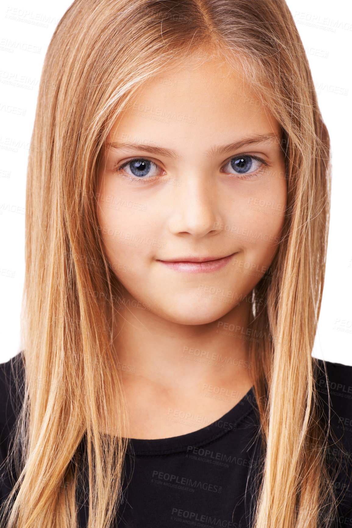 Buy stock photo Happy, smile and portrait of child on a white background with beauty, pride and positive facial expression. Childhood, youth and closeup of face of isolated young girl with confidence in studio