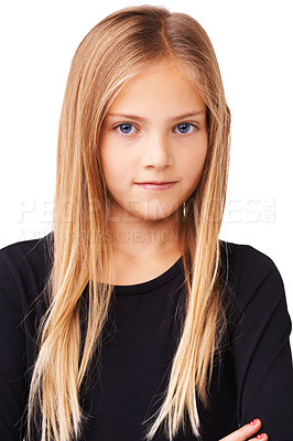 Buy stock photo Portrait of a pretty young girl standing against a white background with arms crossed