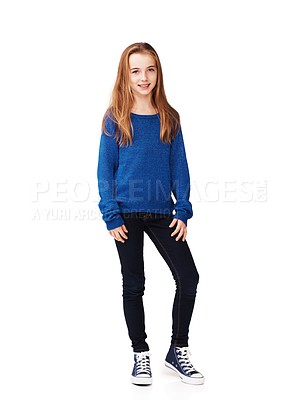 Buy stock photo Full body portrait of a pretty young girl standing against a white background