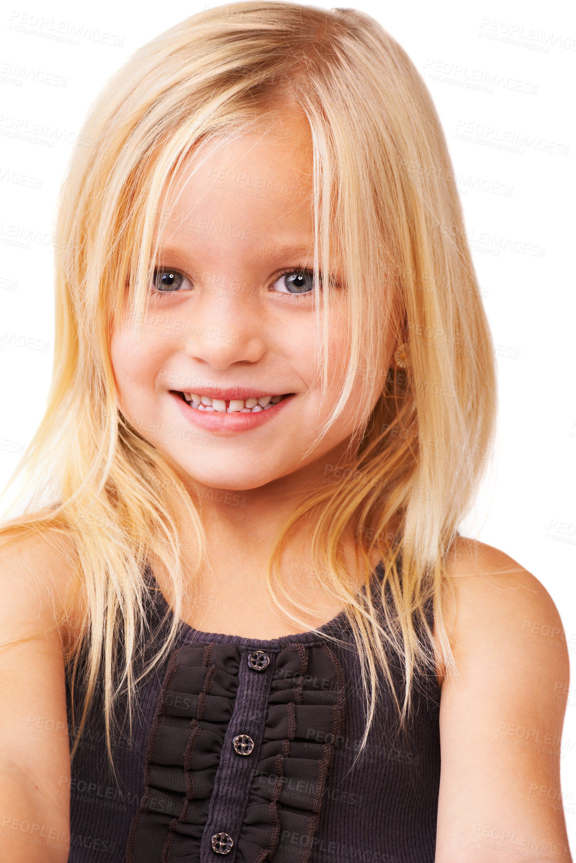 Buy stock photo Portrait of a gorgeous little girl smiling against a white background