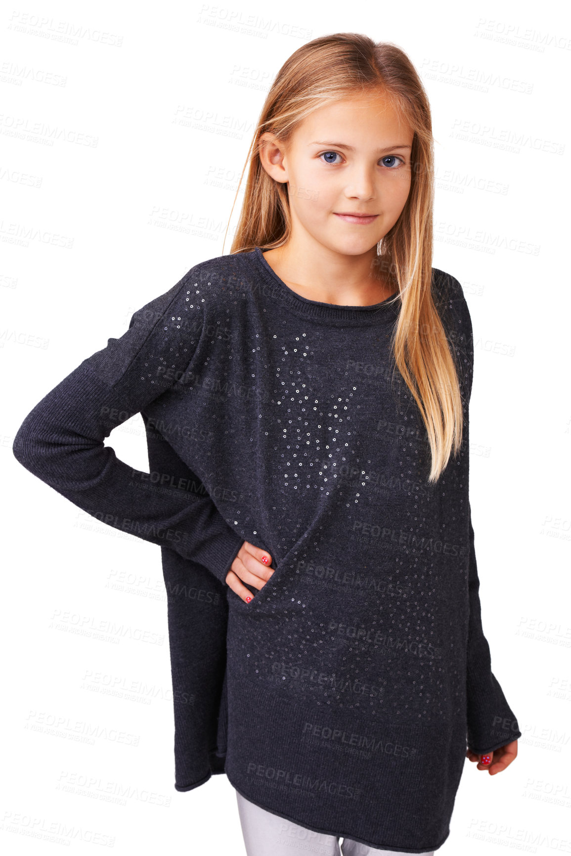 Buy stock photo Portrait of a slender young girl standing with hand on hip against a white background