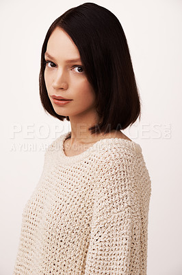 Buy stock photo Beautiful young woman against a white background
