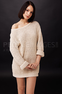 Buy stock photo Style, sweater and portrait of woman on dark background for fashion, winter outfit and trendy clothes. Confidence, shoulder and face of natural person with jersey for cozy, comfort and warm in studio