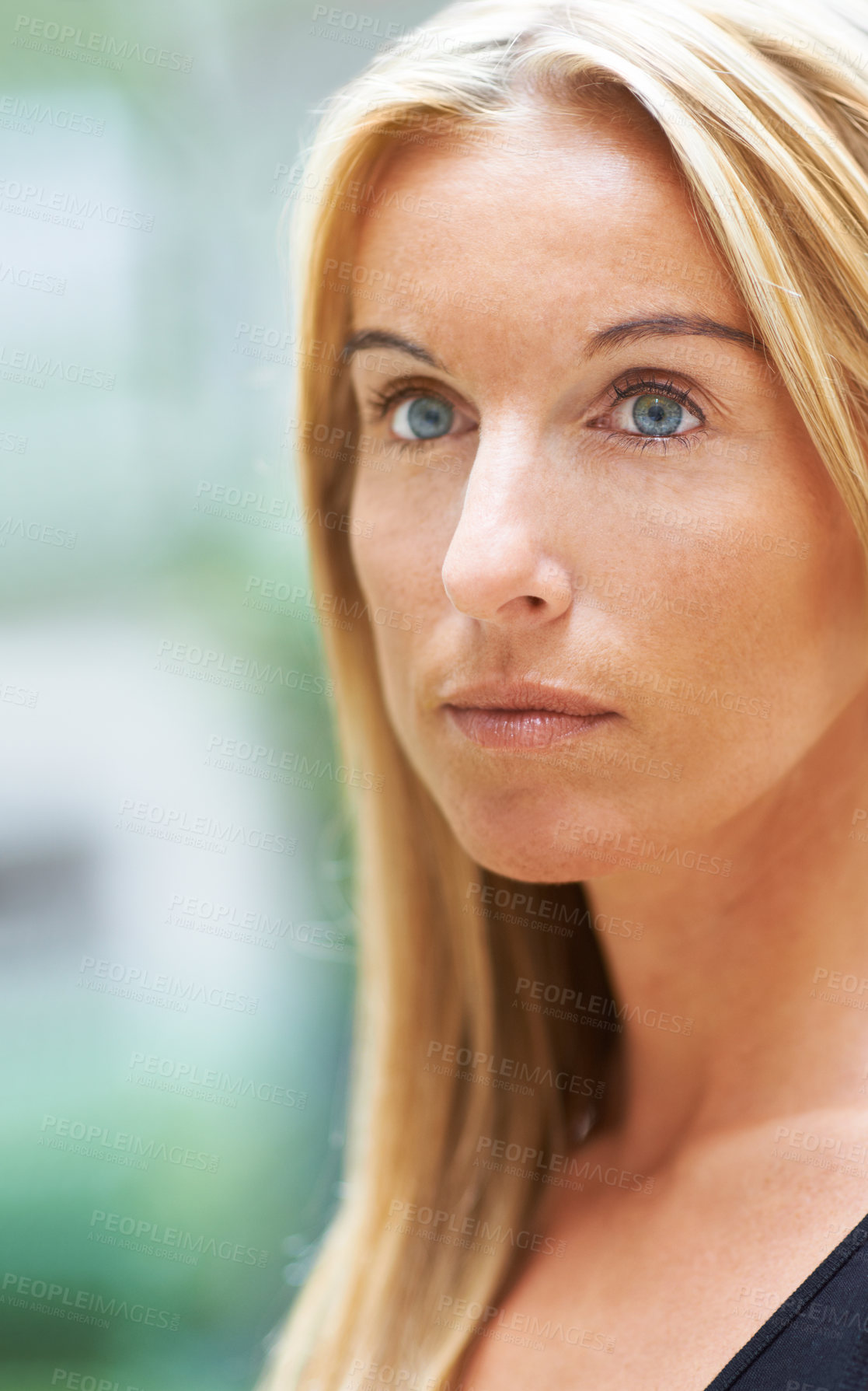 Buy stock photo Face, woman and serious thinking of ideas, questions and brainstorming options in mind. Curious lady daydream to wonder about decisions, future choice and vision for solution, insight and thoughts