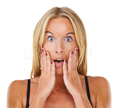 Buy stock photo Portrait of a beautiful blonde looking shocked