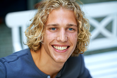 Buy stock photo Portrait, smile and man with confidence, natural beauty and Canada with joy, cheerful and casual. Face, person and guy with curly hair, happiness and weekend break with wellness, closeup and calm