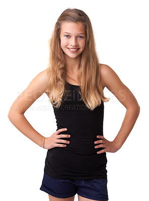 Buy stock photo Portrait, smile and teen kids for fashion with a blonde girl in studio isolated on a white background. Model, trendy or style and a happy young child looking confident in a casual clothing outfit