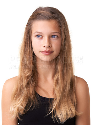 Buy stock photo Studio hair care and teen child thinking of facial cosmetics, hairstyle and youth with natural texture growth. Beauty choice, grooming or gen z girl planning haircut routine idea on white background 