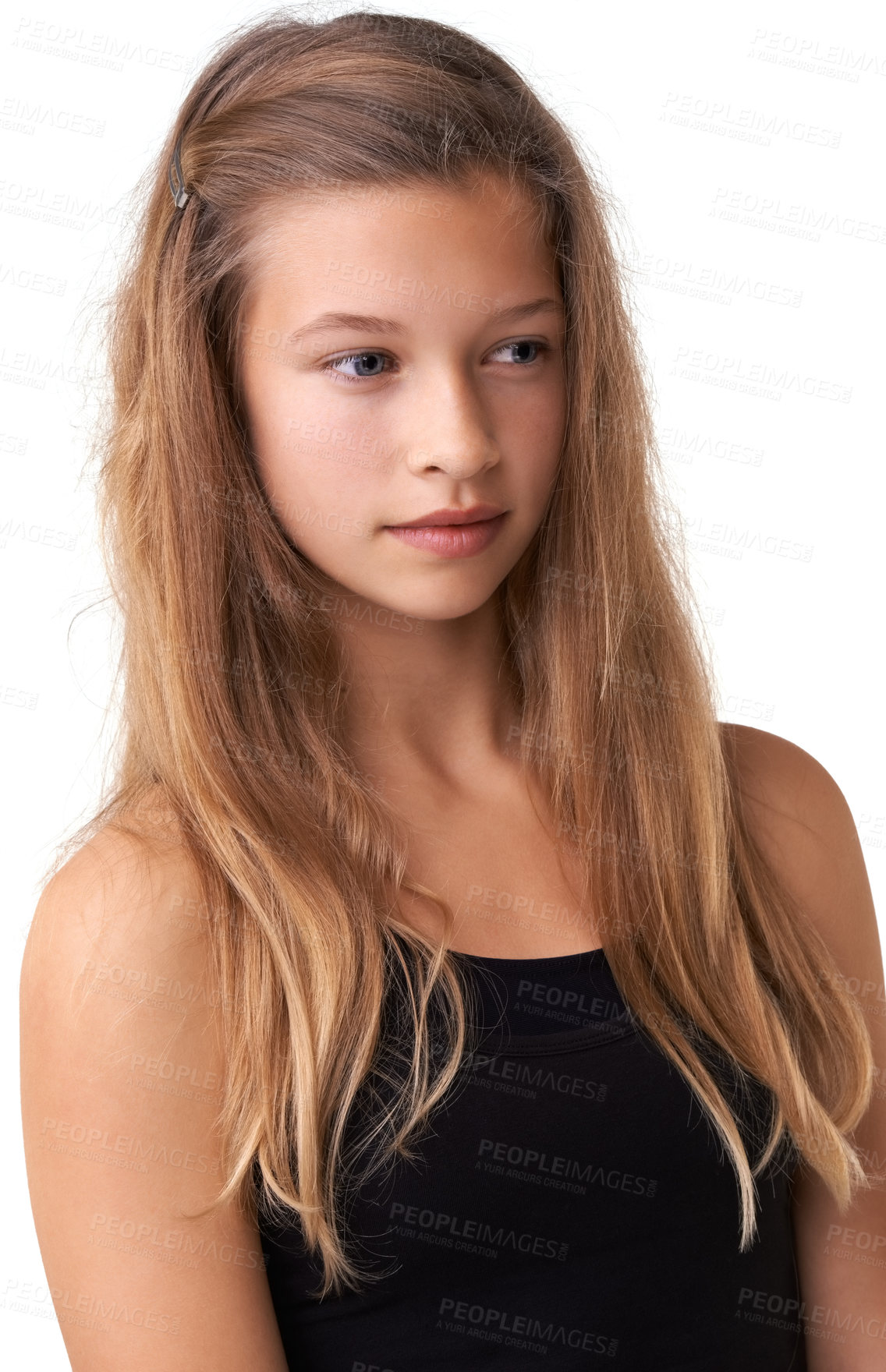 Buy stock photo Studio, skincare and teen kid thinking of beauty cosmetics, hairstyle maintenance treatment and spa salon keratin. Skin wellness glow, cosmetology and young child planning ideas on white background 